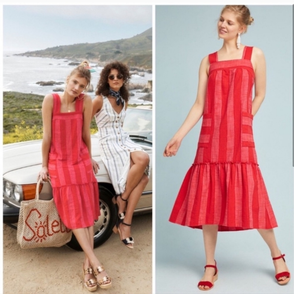 Anthropologie Maeve Red Stripe Tonal Tank Square Neck Midi Dress Patch Pockets - Picture 16 of 16